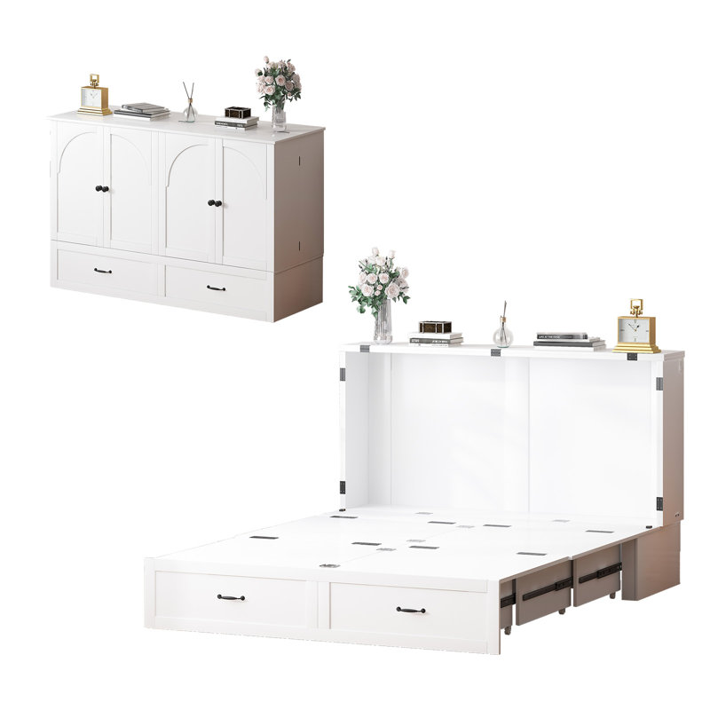 Queen Size Murphy Bed with Charging Station,Space-saving, White