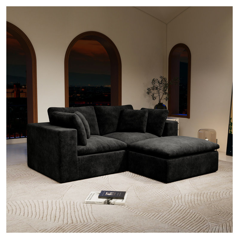 78.8" x 68.9" Black Modular Sectional Sofa Seat, 3-Seater Upholstered Foam Furniture, No Assembly Required, Black Corduroy