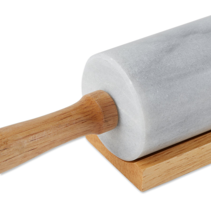 White Marble Rolling Pin with Wooden Handles and Stand