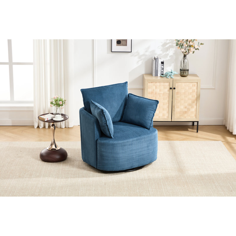 Fauteuil pivotant rond à 360° bleu, structure robuste en bois massif et métal, idéal pour un coin lecture ou un bureau, profondeur 34,13 cm, largeur 32,24 cm, hauteur 34,68 cm, pivot, base à cadre, convient pour une chambre d'enfant.