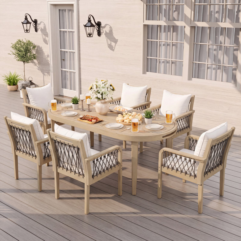 Ensembles de salle à manger d'extérieur, chaises en bois d'acacia et corde, salle à manger familiale moderne et rustique
