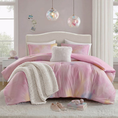4 Pieces King/Cal King Watercolor Tie Dye Printed Comforter Set With Throw Pillow,Pink