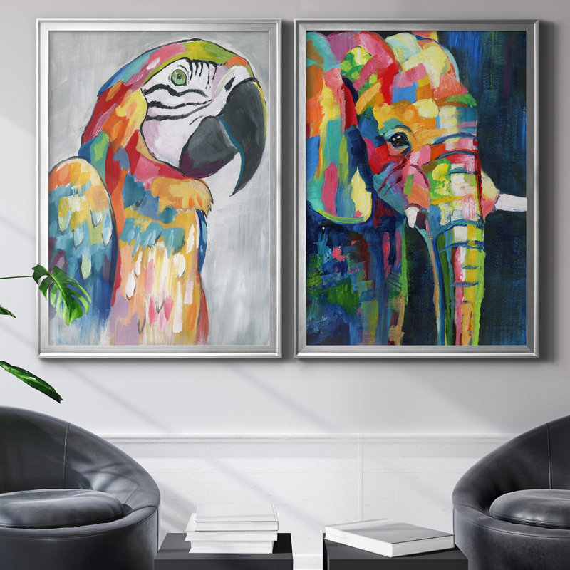 «Vibrant Parrot», ensemble de 2 reproductions d'impressions, H 18,5 po x l 49 po x P 1,5 po, Toile encadrée argentée
