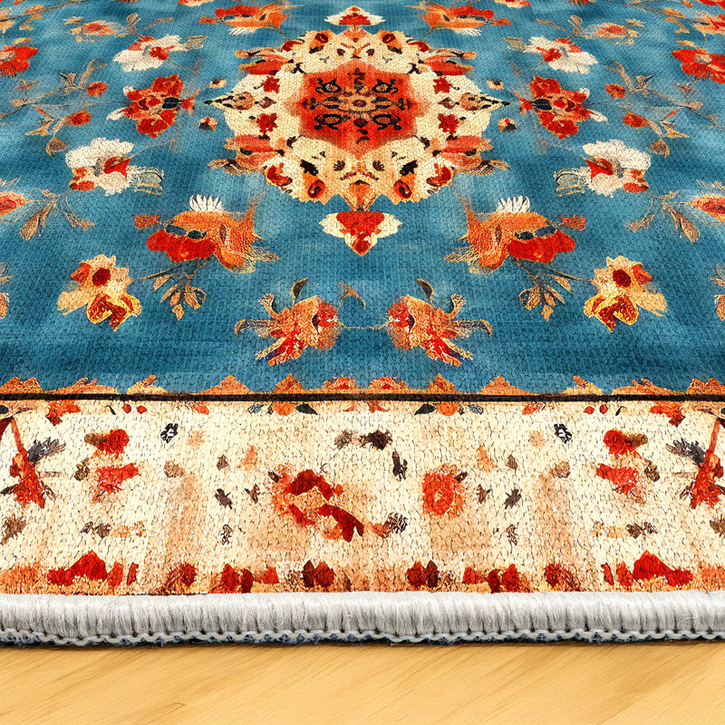 Azure Dreams Collection Digital Print Cotton-Polyester Blend Rug – Teal & Red, Runner 6'7" x 13'2"