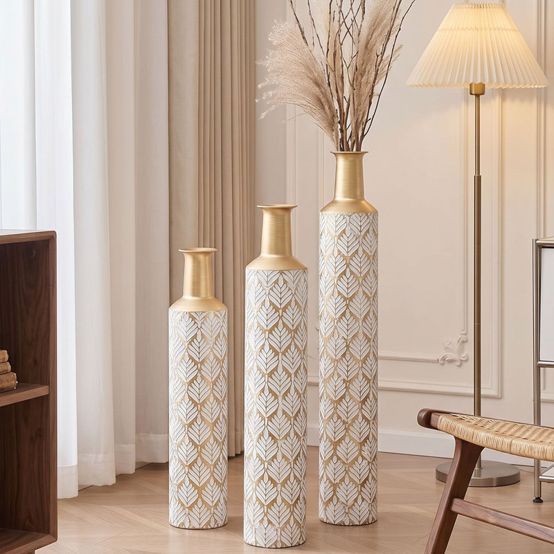 Medhansh Metal Floor Vase with Embossed Leaf Pattern, Handmade Tall Decorative Vase (Set of 3)