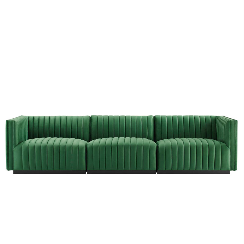Conjure Channel Tufted Sofa by Modway, Black, Green Velvet, 28" H x 119" W x 41.5" D