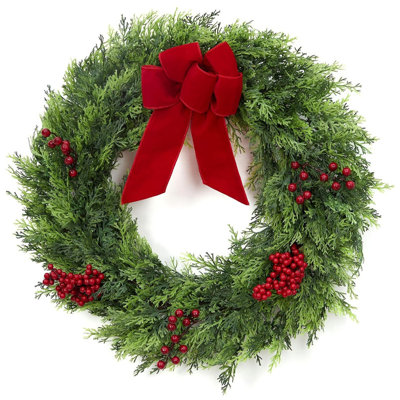 24 Inch Christmas Door Wreath, Large Outdoor Christmas Cypress Wreath with Berries Velvet Bow, Artificial Winter Xmas Greenery Wreaths for Front Door Fireplace Holiday Decor