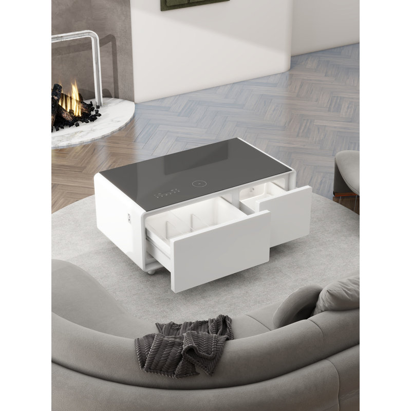 Cherubino Coffee Table with Fridge Cabinet and Bluetooth Stereo with Sockets and Ambient Lighting, White