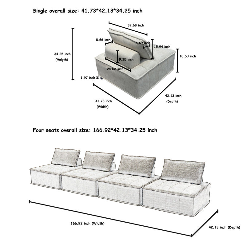 Canapé moderne à 4 modules carrés de conception modulaire confortable et mobile pour une flexibilité ultime, Beige