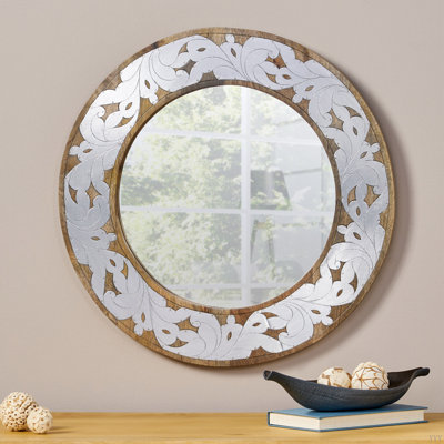 Bois de manguier / miroir rond ajusté