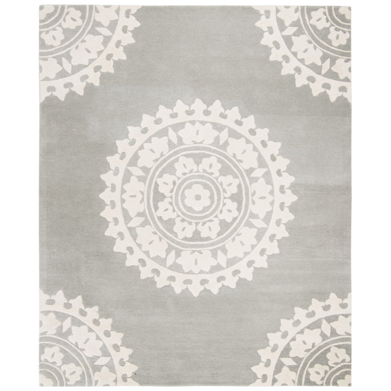 Camisa Geometric Handmade Tufted Wool Light Grey/Ivory Area Rug, Rectangle 8'3" x 11'