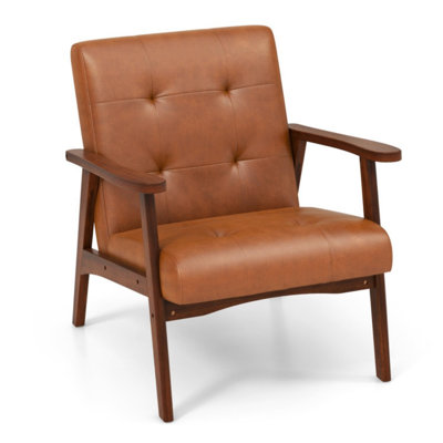 Mid Century Accent Chair With Solid Rubber Wood Frame And Leather Cover