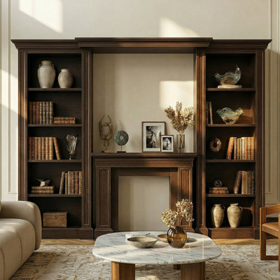 115.5'' W Wood-Grain Bookcase With 10 Open Shelves And Electric Fireplace Mantel Compatibility (No Insert)
