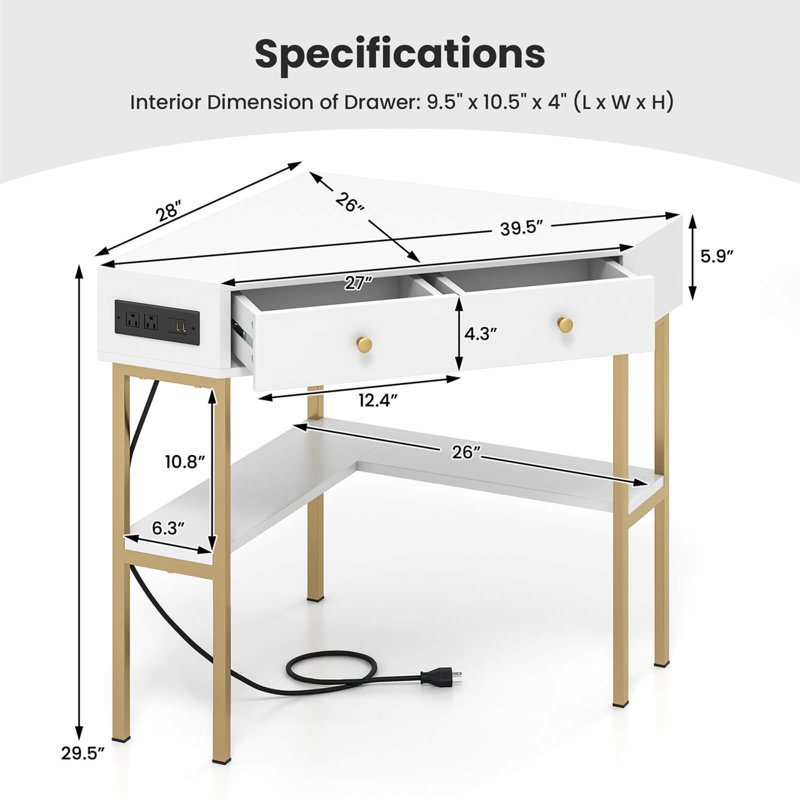 Bureau d'ordinateur en coin, Blanc/chêne