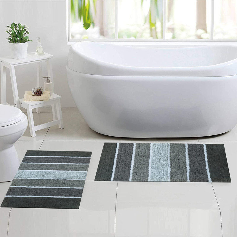 Cervantes 100% Cotton Non-Slip Bath Rug, Gray Charcoal, 21''x34''/17''x24''