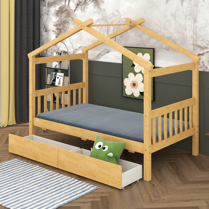 Tirsa Wooden House Bed with Drawers, Natural, Twin