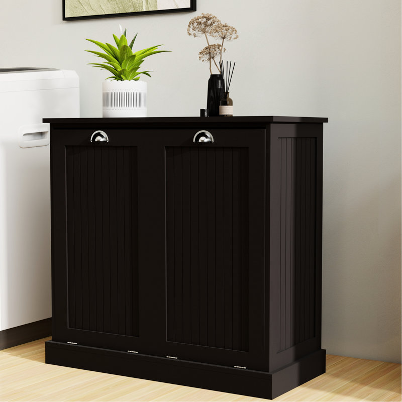 Porte-buanderie noir - E1, armoire de tri de peinture fine. Conception à la mode, convient à tous les décors. Pour une surface lisse. Deux compartiments avec sacs amovibles. Peut supporter jusqu'à 100 livres. Assemblage requis