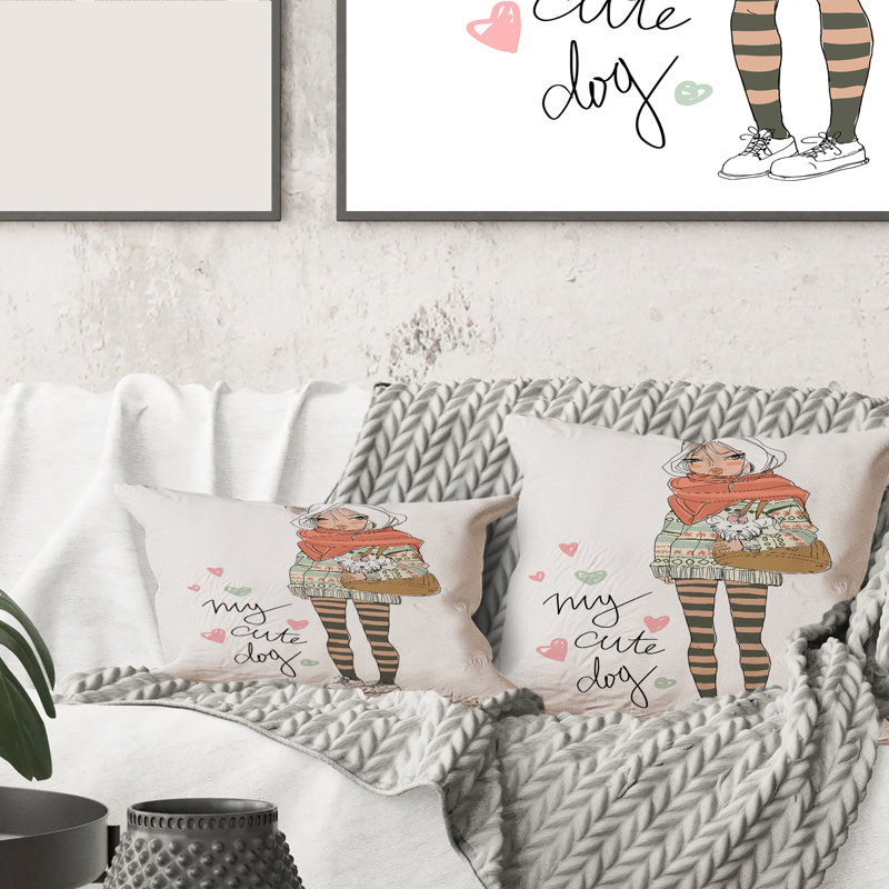 Rectangle,Cute Girl With Dog - Shabby Elegance Printed Throw Pillow