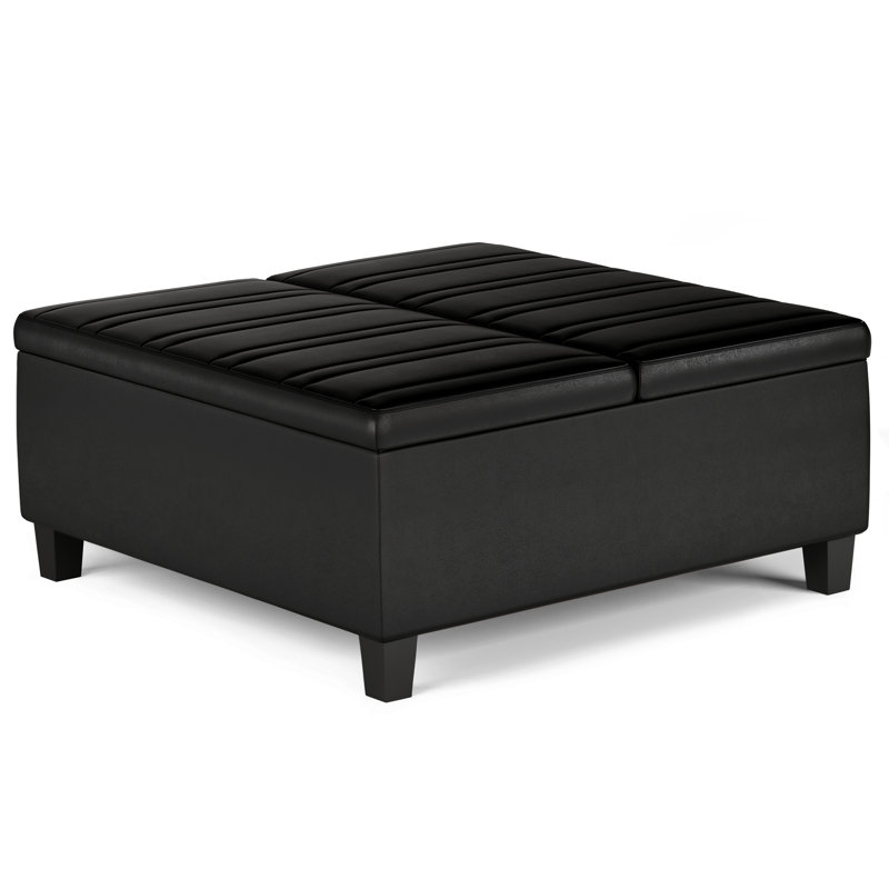 Ellis 36"W Upholstered Vegan Leather Modern Square Coffee Table Storage Ottoman with Split Lift-Top, Black Faux Leather
