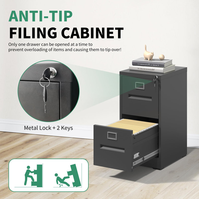 Black Vertical 2 Drawer Lockable Metal File Cabinet
