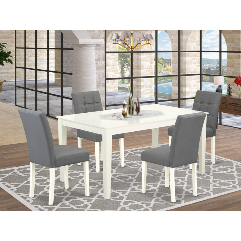 5-Piece Linen White Finish Solid Wood Top - Rectangular Dining Room Set - Seats 4, White, Gray