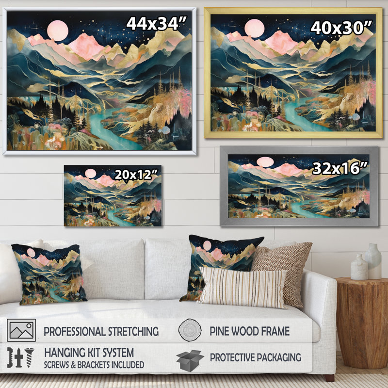 Ruisseau à travers les montagnes - paysages abstraits, art mural, Cadre doré à une seule photo, H 24 po x l 32 po x P 1 po
