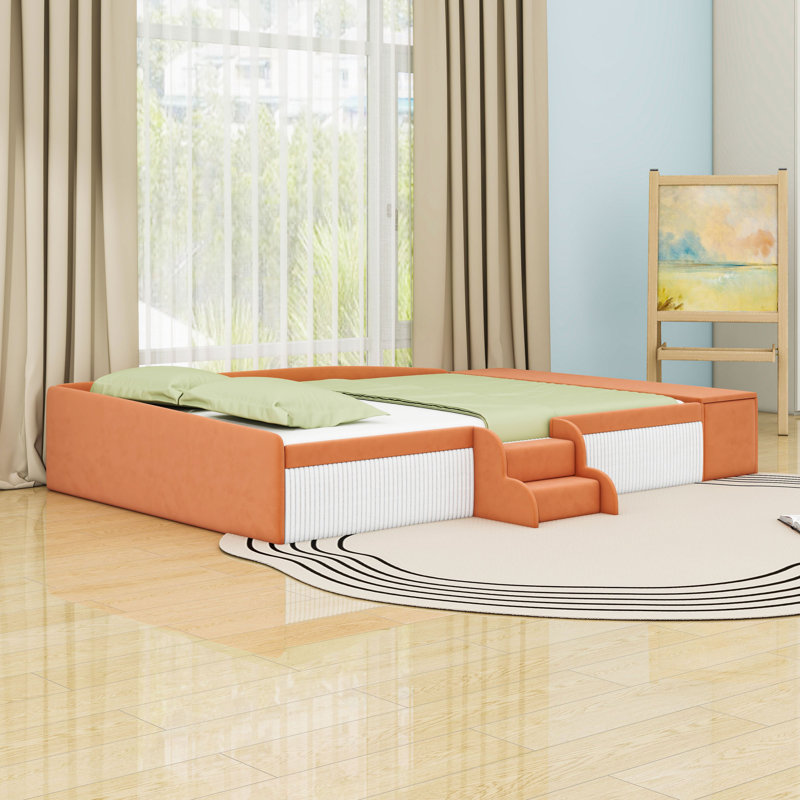 Upholstered Platform Bed with Stairs, Side Storage Ottoman and Padded Guardrails, Lit double, Brun / Blanc