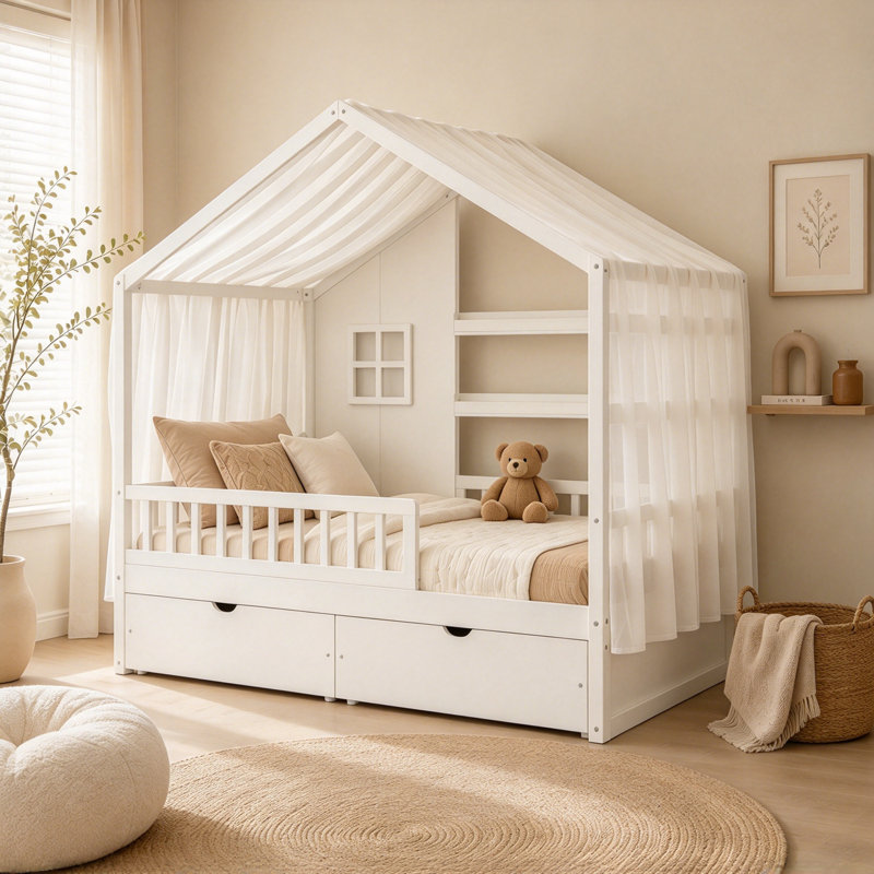 Lit simple avec rideaux transparents, garde-corps et rangement sous le lit, Lit simple, Blanc