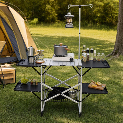 Table de cuisine de camping pliante - Station de cuisson extérieure portable avec plateau résistant à la chaleur, 4 tables d'appoint, support de rangement et lampadaire pour les pique-niques et les voyages en camping