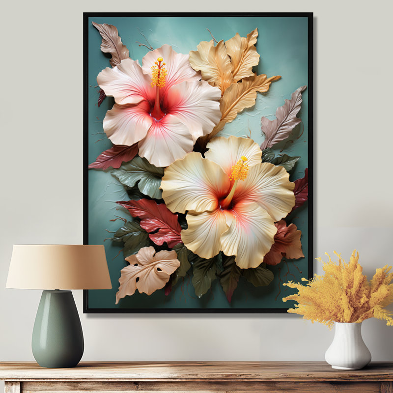 Rivero - art mural hibiscus, Cadre flottant noir, bois massif, H 44 po x l 34 po