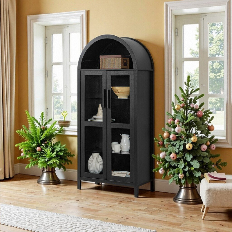 Armoire de rangement 67 po x l 30 po x P 15,5 po avec éclairage DEL et cloisons en verre réglables, Noir