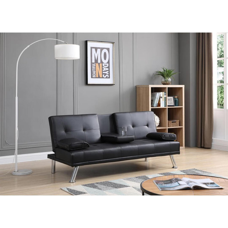 182*83*79cm, Sofa Bed with Cup Holder, Black Faux Leather
