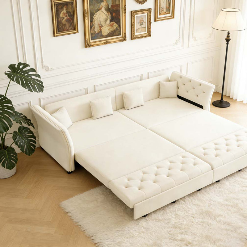 Canapé-lit convertible surdimensionné de 100 po, canapé-lit convertible avec tissu capitonné à la main, Beige + blanc