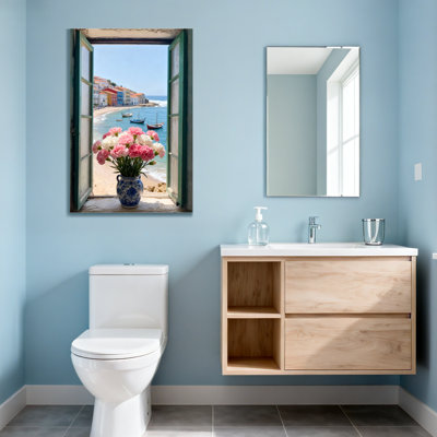 Landscape & Nature Window View Beach Flowers Vase Ocean Town Boats Sky