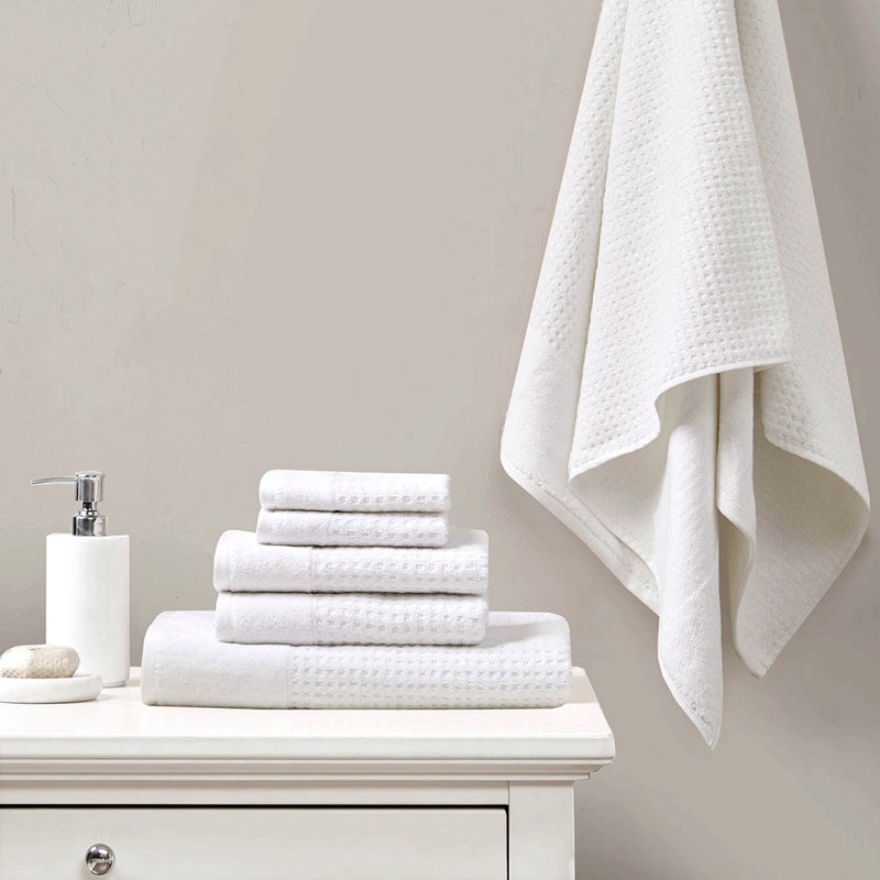 Cotton Waffle Jacquard Antimicrobial Bath Towel 6 Piece Set, White
