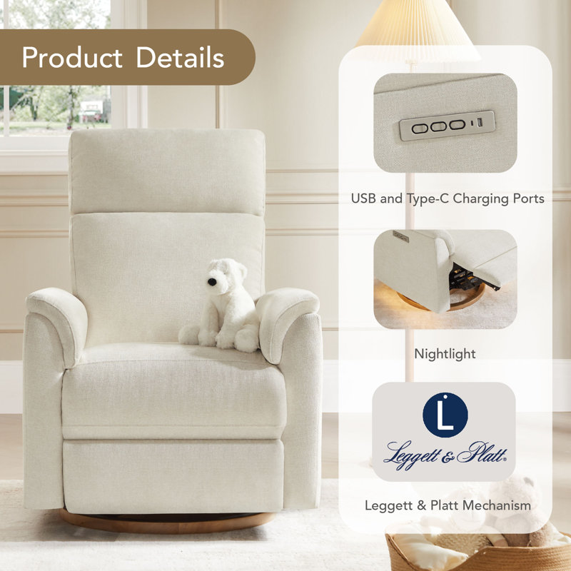 Linen Dual Motor Swivel Glider Power Recliner With Power Headrest and Nightlight, Beige
