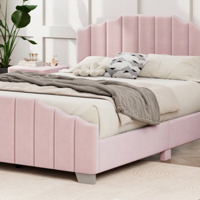 Velvet Upholstered Platform Bed Vertical Channel Tufted Headboard and Footboard