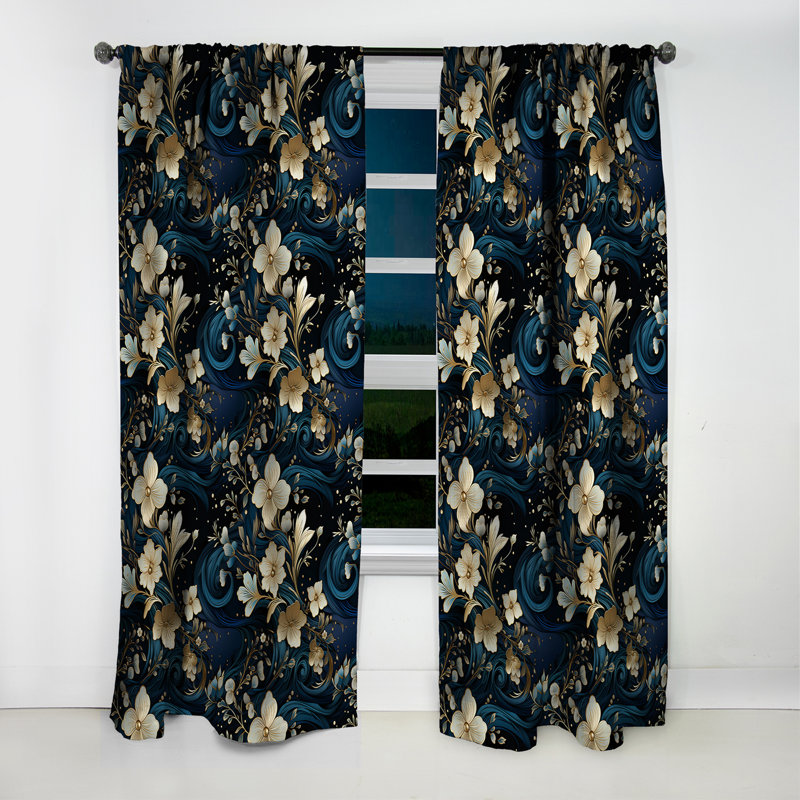 Bleu minuit et motif floral en marbre doré I - Rideau occultant en marbre abstrait - 1 panneau, L 52 po x L 90 po