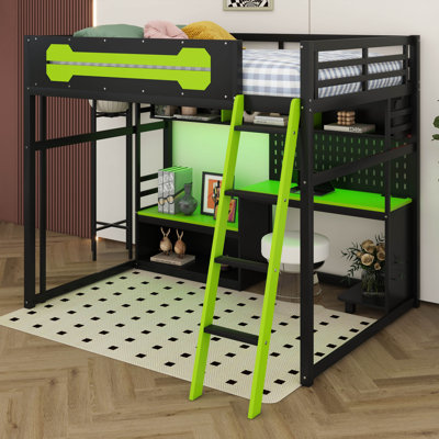Structure de lit mezzanine pleine grandeur avec bureau, lit mezzanine en bois avec tablettes, lumières DEL, ports USB, panneau perforé, échelle et barrière de sécurité