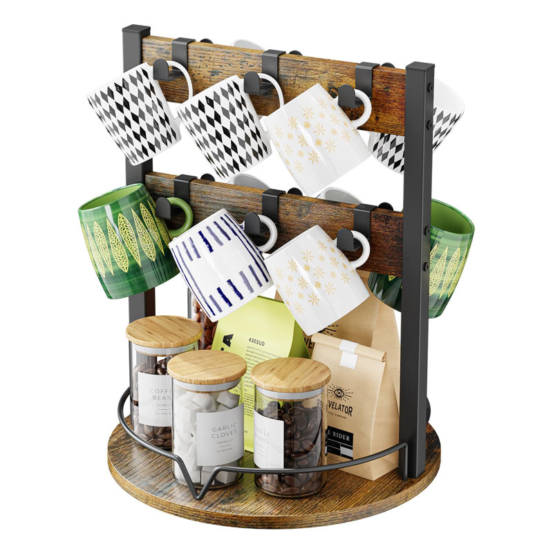 Wood Coffee Mug Holder,12 Hook Mug Tree Holder Rack With Storage Base,Mug Display Organizer,Mug Holders For Home Kitchen,Support 360° Rotation For Easy Access