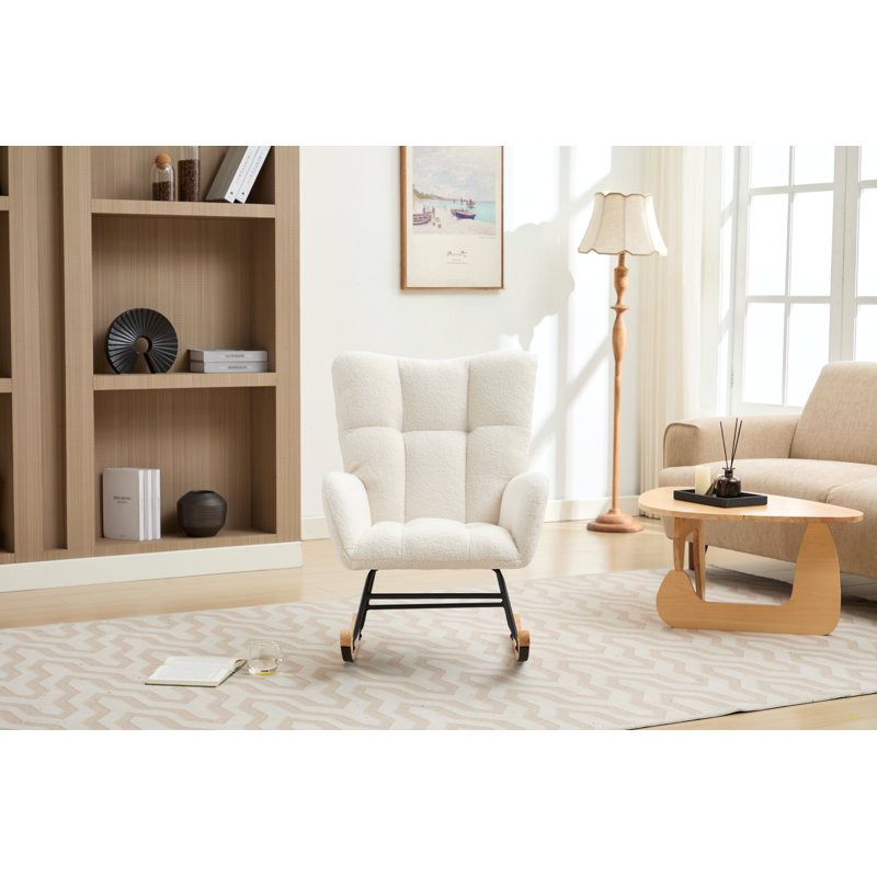 Chaise berçante moderne avec fauteuil à bascule et dossier haut avec pieds en bois massif pour chambre d'enfant, Blanc