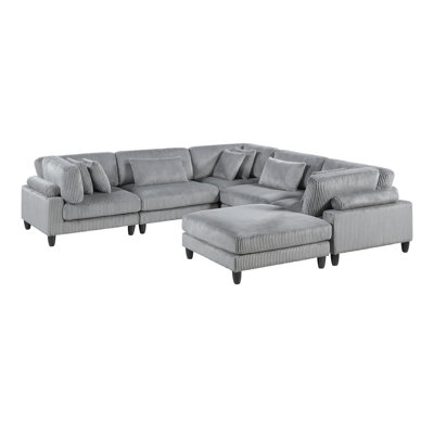 6Pc Modular Sectional Set Gray Corduroy Upholstery 2X Armless Chairs 3X Corner Seats 1X Ottoman Pillows Living Room Furniture