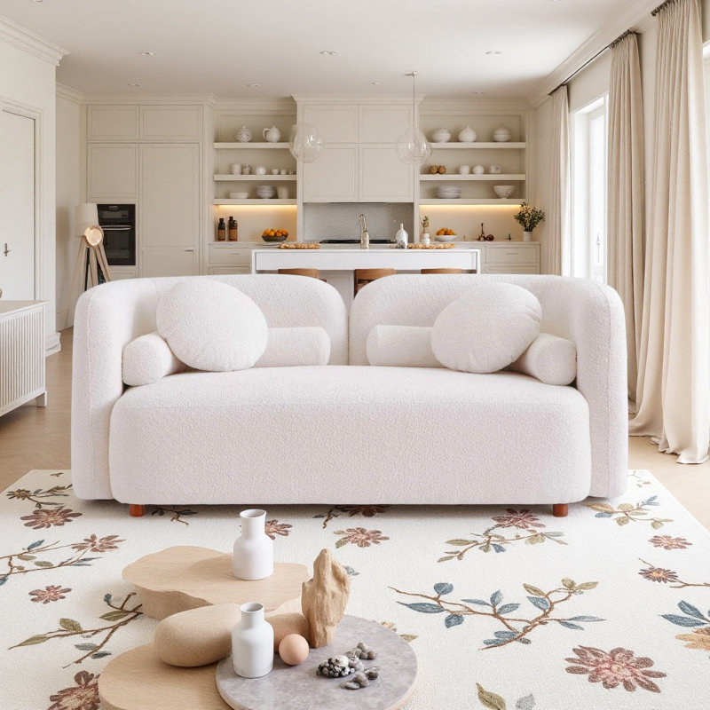 69" Wide Modern Curved Boucle Upholstered Sofa with 4 Throw Cushions, White, 34.65" H x 69.29" W x 28.35" D
