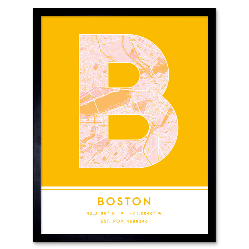Boston Massachusetts United States City Map Yellow 1 Piece Single Picture Frame Wall Art