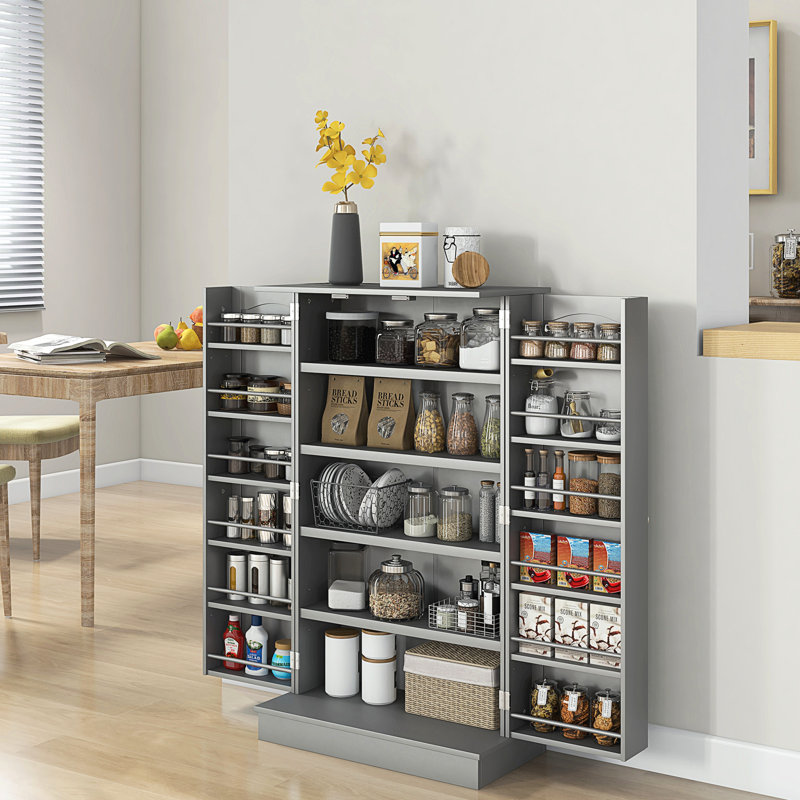 Boîte de rangement pour garde-manger de 41 po, 12 tablettes de porte, portes doubles, 5 tablettes de papier gris réglables pour un rangement efficace, rangement ordonné