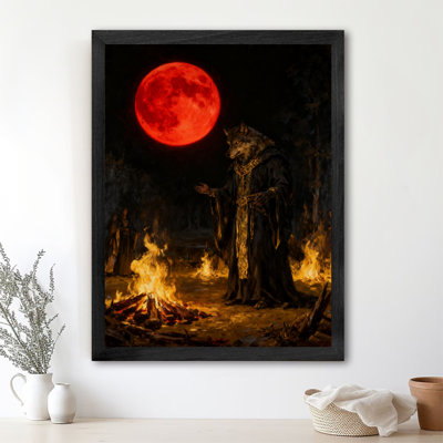 Prière noire encadrée noire sur le feu de joie sous la lune rouge, impressions de style rétro