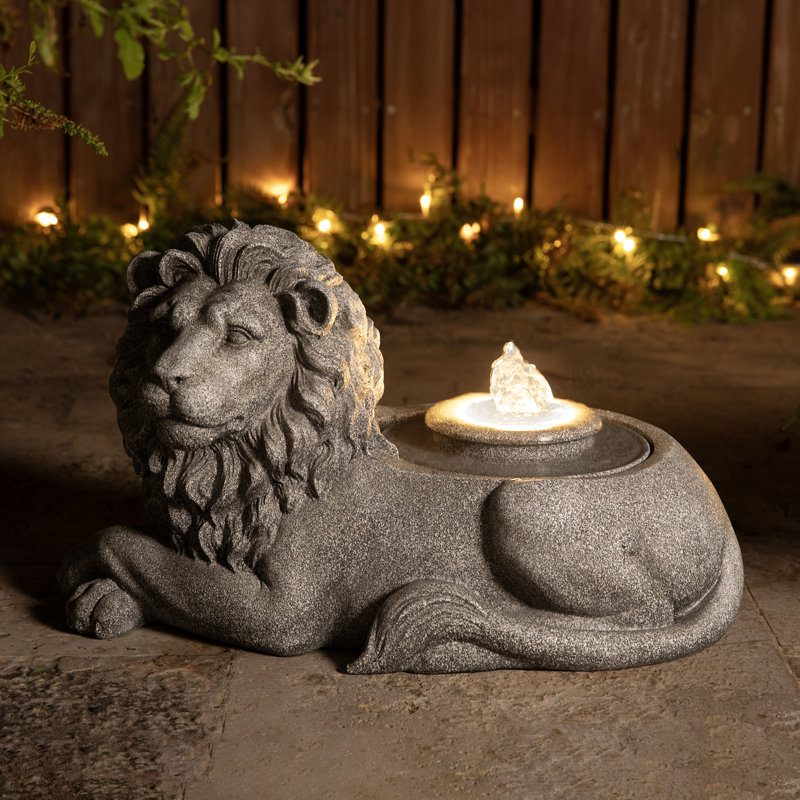 20"L Zen-Style Lying Lion Polyresin Outdoor Fountain With Pump And LED Light (KD)