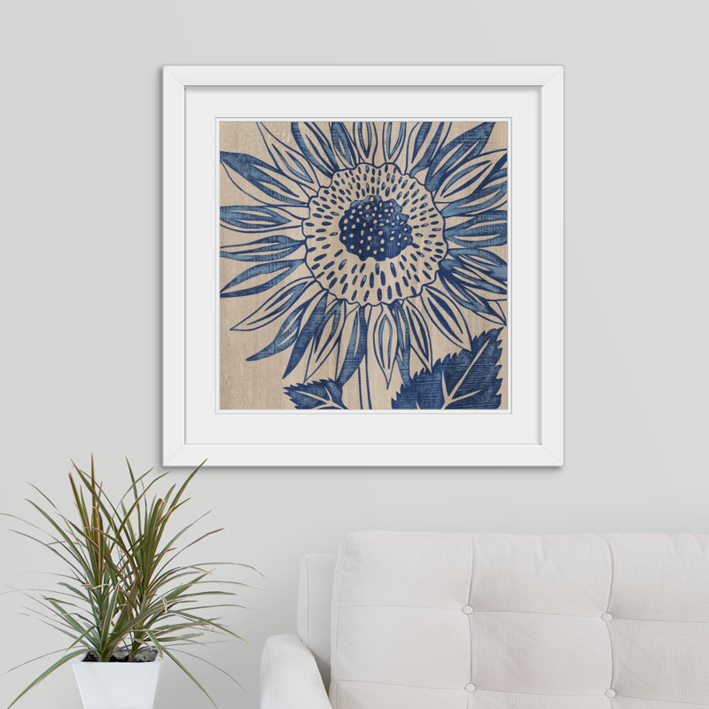 Indigo tournesol - imprimé, Cadre blanc, H 28 x l 28 po x P 1 po
