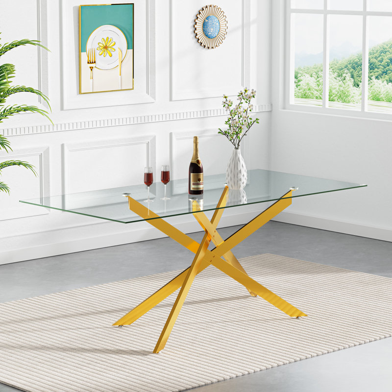 Darlene 60" Glass Dining Table Set Modern Dining Room Table Set  X-Shape Pedestal Glass Table with Dining Chairs, Dining Set for Dining Living Room