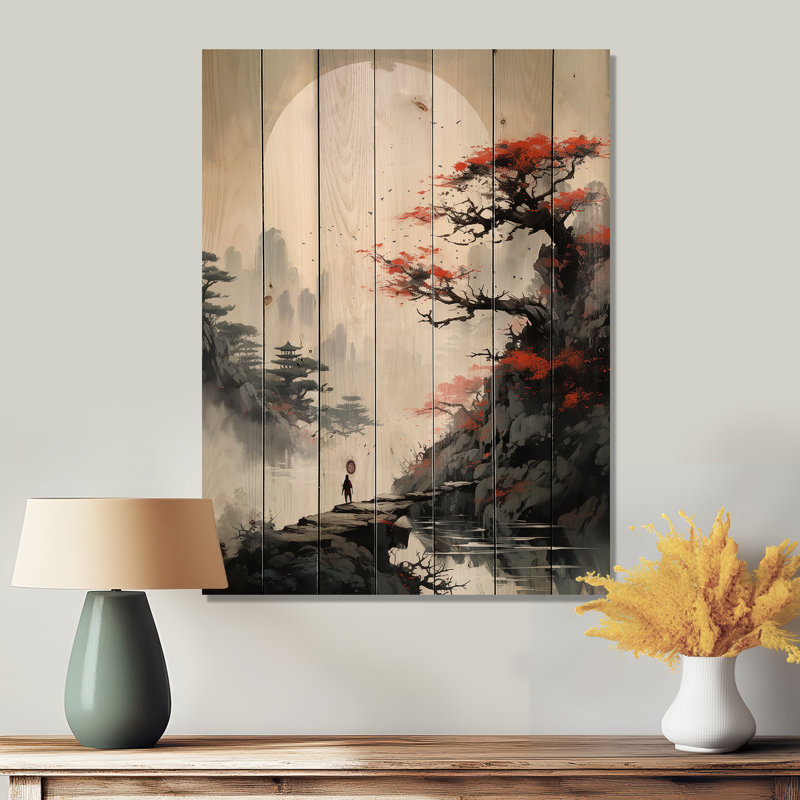 Art asiatique, paysage de Samouraïs III sur bois, H 40 po x l 30 po x P 0,78 po